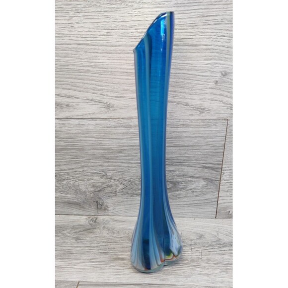 Vintage 10.5” Hand Made & Blown Blue Swirl Swung Stretch Glass Bud Vase Japan - Picture 2 of 10